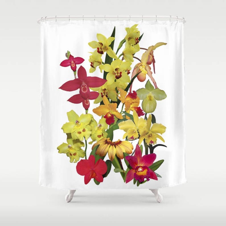 Shower Curtain Orchids Warm And Lively Colors Fl Home Decor Red Orange Yellow On White Mother S Day Bathroom