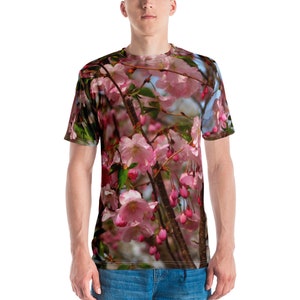 Flores de cerezo de primavera en toda la camiseta estampada, camiseta gráfica floral
