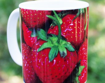 Strawberry Ceramic Mug, Nature Inspired Food Art Decor, 11oz or 15oz