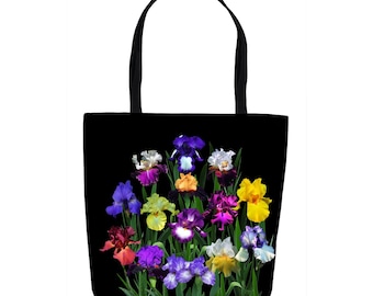 Iris Garden tote bag, black background, reusable market, grocery, Book Bag