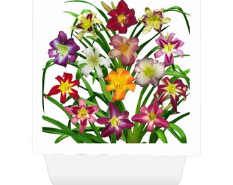 Display of daylilies II shower curtain, daylily, Hemerocallis flower, floral bathroom decor