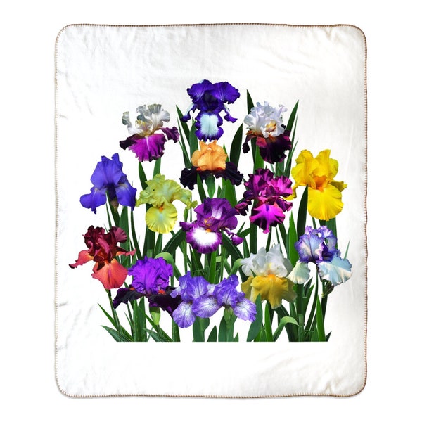 Iris Garden Fleece Sherpa Blanket, floral throw blanket, cozy lap robe, gift for Iris lover
