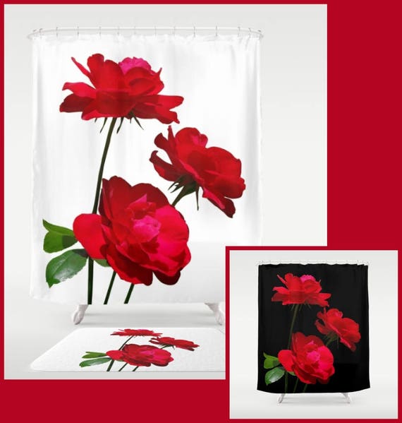 Red Rose Shower Curtain Bath Mat Bathroom Decor Nature Etsy