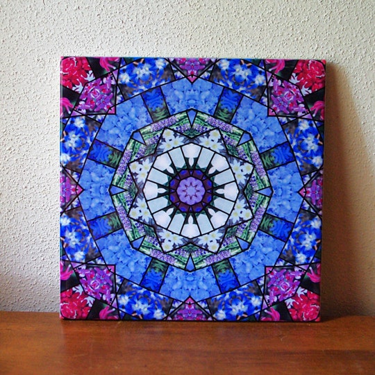 Garden mosaic mandala ceramic tile, blue, rose, floral trivet, garden flowers kaleidoscope