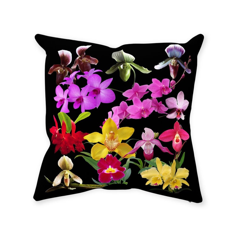 Pode incluir: Uma almofada preta com um padr&atilde;o colorido de orqu&iacute;deas. As orqu&iacute;deas s&atilde;o em v&aacute;rios tons de rosa, roxo, amarelo, vermelho e branco. A almofada &eacute; uma &oacute;tima maneira de adicionar um toque de natureza &agrave; decora&ccedil;&atilde;o da sua casa.