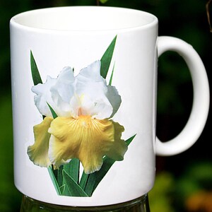 Ceramic mug, 11 OR 15 oz, &#39;Play to Win&#39; Iris, nature inspired coffee mug, cocoa or tea mug, housewarming gift for gardener, floral mugs