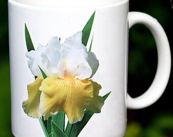 Ceramic mug, 11 OR 15 oz, &#39;Play to Win&#39; Iris, nature inspired coffee mug, cocoa or tea mug, housewarming gift for gardener, floral mugs