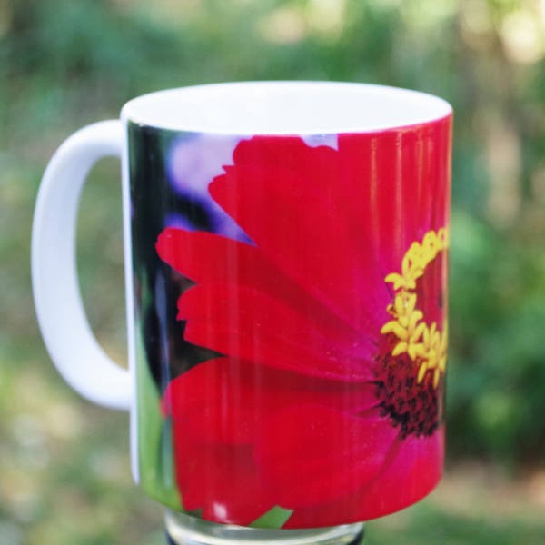 Red zinnia flower nature inspired Ceramic mug, 11 or 15 oz | floral kitchen decor, Christmas, housewarming gift for her gift for him 1716b