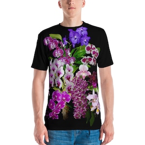 Orchids Cool and Calming colors, on black, all-over print unisex T-shirt, graphic T shirt, gift for orchid lover