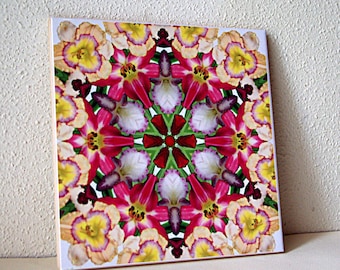 Daylily decorative ceramic tile, floral trivet, Hemerocallis mandala tile  508