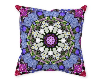 Almofada caleidoscópica floral, mandala azul e rosa, decoração de arte para jardim