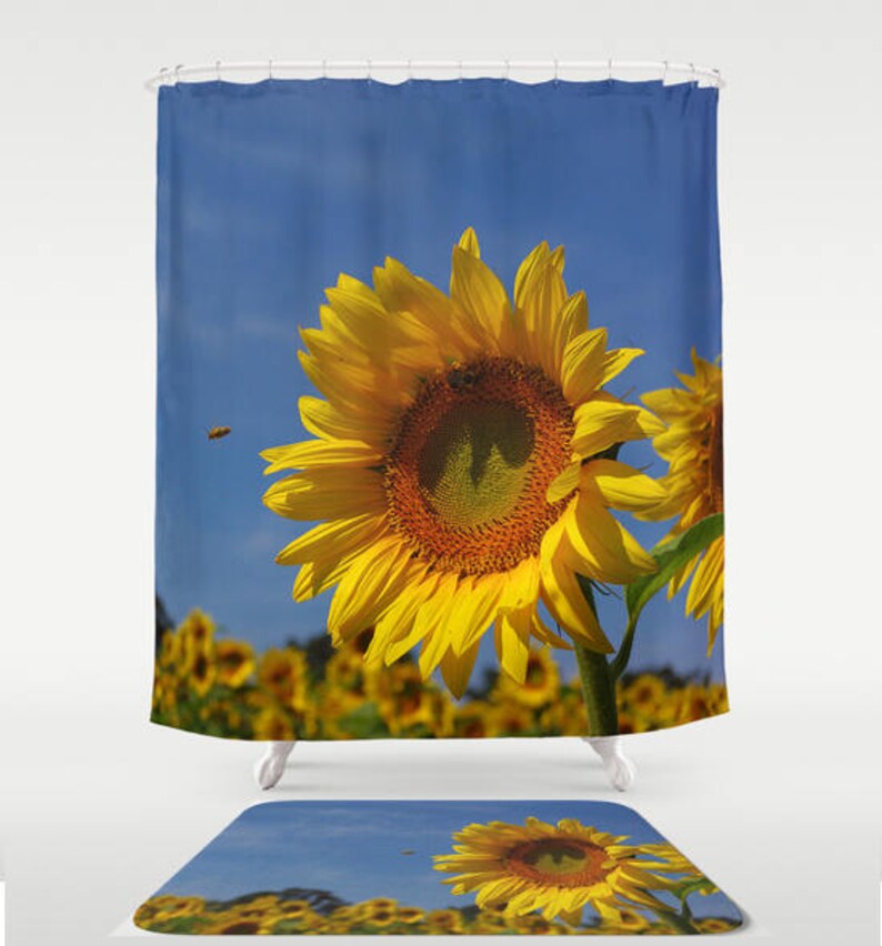 Sunflower shower curtain, bath mat