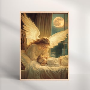 Guardian Angel Watching Over Sleeping Child Art Print | Angel Baby Room Decor | Christian Nursery Wall Art | Peaceful Protection