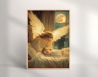 Guardian Angel Watching Over Sleeping Child Art Print | Angel Baby Room Decor | Christian Nursery Wall Art | Peaceful Protection