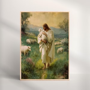 Good Shepherd Jesus Print, Good Shepherd Art Printable, Jesus with Sheep, Christian Wall Decor, Nursery Art, Religious Home, Lamb of God