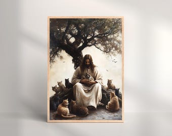 Jesus with Cats Art Print, Christian Cat Lover Gift (Digital Download)