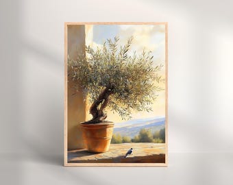 May include: A framed art print of an olive tree in a terracotta pot. The tree has a twisted trunk and lush green foliage. A small bird perches on a ledge in front of a scenic background of rolling hills and a bright sky.