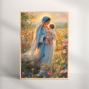 May include: A framed print of a painting depicting a woman in a blue veil holding a baby in a field of colorful flowers. The artwork has a soft, warm color palette with a golden light.