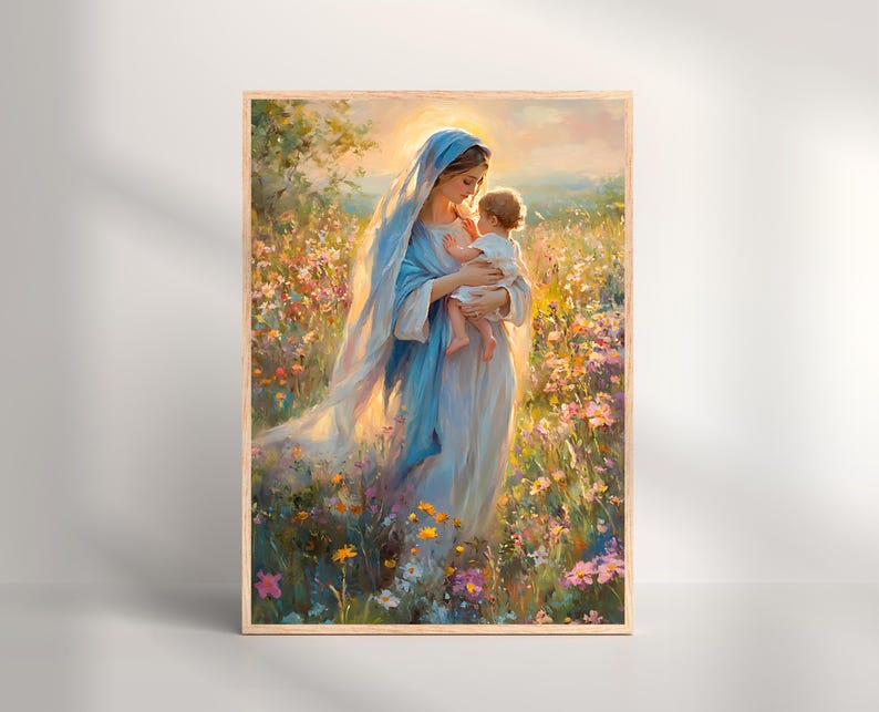 May include: A framed print of a painting depicting a woman in a blue veil holding a baby in a field of colorful flowers. The artwork has a soft, warm color palette with a golden light.