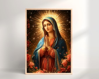 May include: A framed religious print featuring a woman with clasped hands, wearing a blue veil and a red and gold robe. A golden halo radiates behind her head, and red roses surround the image.