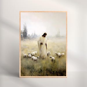 Good Shepherd Art Printable, Jesus with Sheep, Christian Wall Decor, Nursery Art, Pastoral Faith Art, Religious Home Printable, Lamb of God