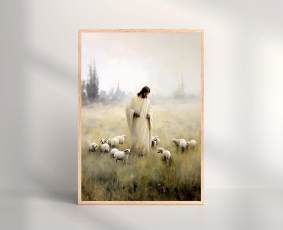 善き羊飼いのアートプリント、子羊たちとイエス、キリスト教の子供部屋