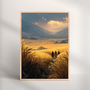 Puede incluir: Una impresión artística enmarcada representa un paisaje con un campo dorado y tres figuras caminando hacia un valle. La obra de arte presenta tonos cálidos de oro, amarillo y marrón, con un cielo dramático y montañas al fondo.