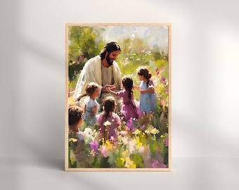 Lámina artística de Jesús con niños, decoración cristiana para pared (descarga digital)