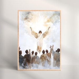 The Ascension of Jesus Inspired Print, Minimalist Christian Wall Art, Watercolor Bible Scene, Jesus Risen to Heaven Poster | Faith Decor