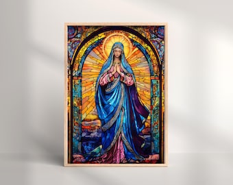 Virgin Mary Stained Glass Print: Gothic Christian Wall Art (Digital Download