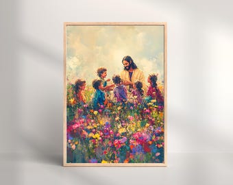 Lámina artística de Jesús con niños, decoración cristiana para pared (descarga digital)