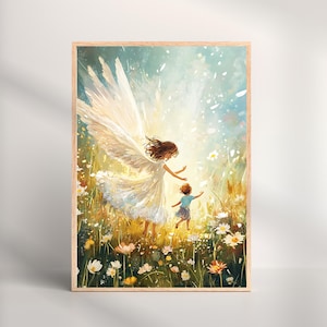 Guardian Angel Nursery Art Print: Child in Flower Field (Digital Download