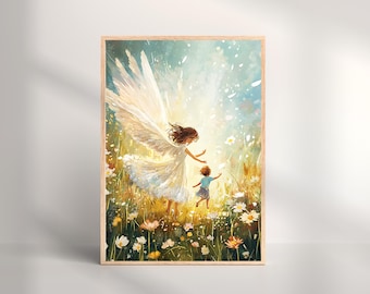 Guardian Angel Nursery Art Print: Child in Flower Field (Digital Download