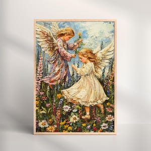 Ángeles jugando alegremente en un campo de flores, lámina de ángel para guardería, decoración de pared serena, fantasía celestial, arte católico, alas de ángel