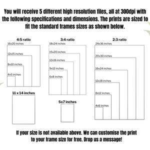 May include: A white graphic with text detailing print sizes and ratios, including 4:5, 3:4, and 2:3 ratios, with dimensions in inches. The text also mentions high-resolution files and custom sizing options.