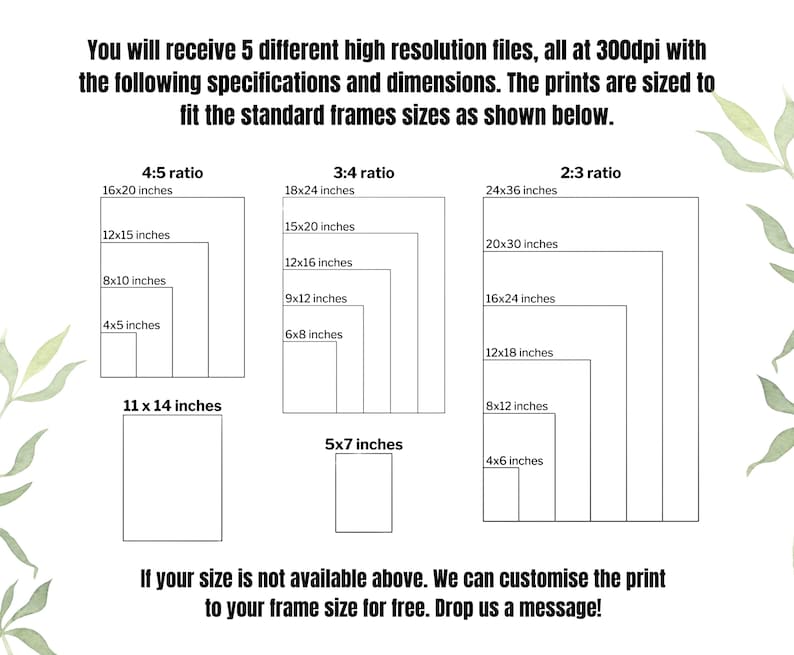 May include: A white graphic with text detailing print sizes and ratios, including 4:5, 3:4, and 2:3 ratios, with dimensions in inches. The text also mentions high-resolution files and custom sizing options.