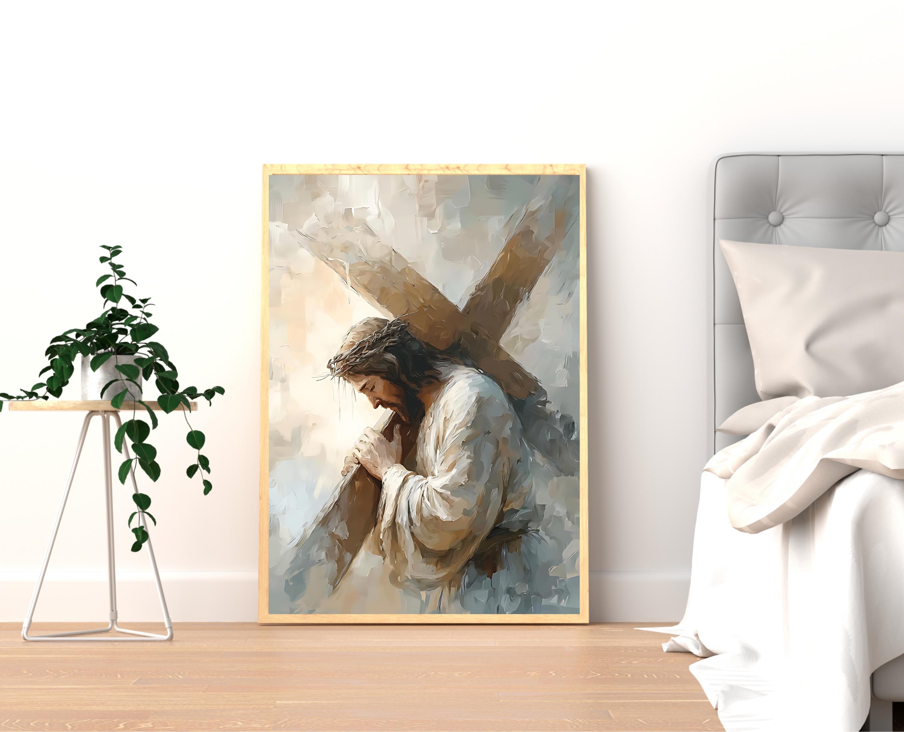 Jesus Carrying Cross Art: Christian Home Decor, Good Shepherd Painting (digital Download - Etsy Israel