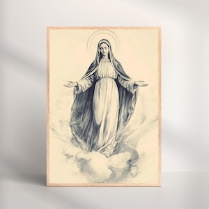 Blessed Virgin Mary Sketch, Our Lady of Grace Print, Mother Mary Digital Art, Catholic Wall Decor, Marian Printable, Christian Wall Art