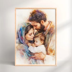 Holy Family Wall Art, Printable Mary Joseph and Baby Jesus Painting, Digital Catholic Nativity Scene, Colourful Religious Watercolor Art