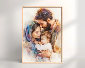 Holy Family Watercolor Art Print, Catholic Nativity Scene (Digital Download)