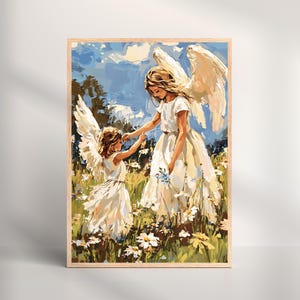 Engel spielen fröhlich auf Blumenfeld, Kinderzimmer Engel Kunstdruck, Serene Wanddekor, himmlische Fantasie Kunstwerk, katholische Kunst, Engelsflügel