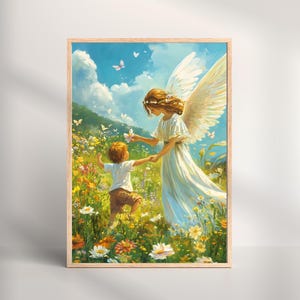 Guardian Angel Nursery Art Print: Child in Flower Field (Digital Download