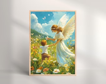 Guardian Angel Nursery Art Print: Child in Flower Field (Digital Download