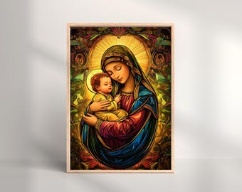 Virgin Mary & Baby Jesus Stained Glass Art: Catholic Home Decor (Digital Download
