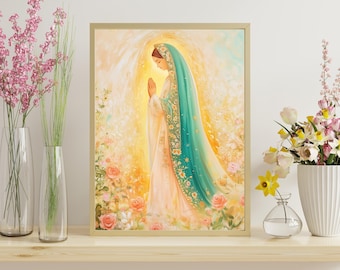 May include: A framed art print depicting a serene figure in a flowing gown and teal veil, hands clasped in prayer. The artwork features soft colors, floral accents, and a warm, glowing background, evoking a sense of peace and spirituality.