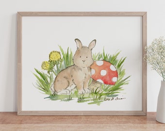 Woodland Nursery Art- Bunny Rabbit Nursery Art- Children's Art- Bunny and Mushroom- Children's Wall Art- Forest Nursery Art- Easter Print