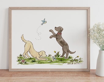May include: A watercolor illustration of two dogs playing in a grassy field. One dog is brown and is standing on its hind legs, while the other dog is yellow and is lying down. There is a blue bird flying above the brown dog.