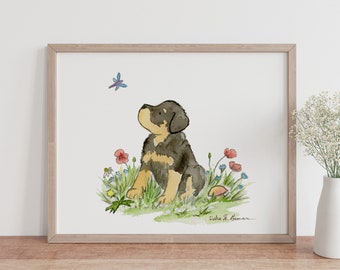 May include: Watercolor painting of a brown and black puppy sitting in a field of flowers. The puppy is looking up at a blue dragonfly. The painting is signed "Debra L. Bowman".