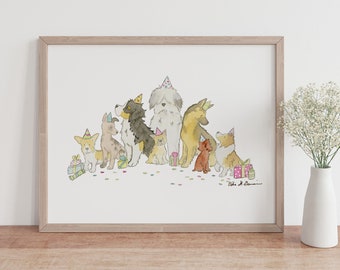 Puppy Artwork, Cute Dog Art, Watercolor Dog Print, Dog Art Nursery Playroom Art, Bernese, German Shepherd, Sheepdog, Sheltie, Children's Art
