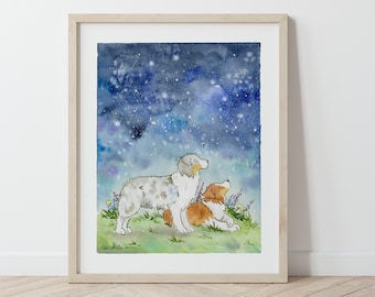 Australian Shepherd Art, Starry Skies, Blue Merle and Red Tri Aussie Print, Puppy Nursery Art, Watercolor Print,  Children's Art